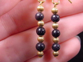 (EE-475-A) deep Blue Purple goldstone night stone + gold beaded dangle earrings - £11.26 GBP