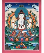 AVALOKITESHVARA/ CHENREZIG ORIGINAL TIBETAN THANGKA PAINTING/ BUDDHIST ART - $108.64