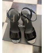 NIB 100% AUTH Chanel 16P Black Patent Leather Camellia Flower Wedge Sand... - £775.33 GBP
