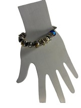 Silver Tone Beaded Slide Bracelet Mom Bead Blue Rhinestones Gold Tone En... - $14.85