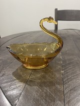 Vtg MCM Viking Amber Glass Swan Candy Trinket Dish 6 x 5.5” - $17.81