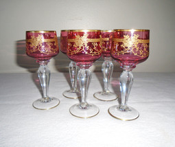 Moser Cordial Glasses Antique Etched Glass Gold Gilt Cranberry Bohemian Set of 5 - £138.48 GBP