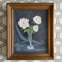 Vintage 1977 Framed Acrylic Painting White Roses by Ardith Bratton 10&quot; x12&quot; - £39.10 GBP