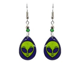 Alien Face Graphic Teardrop Dangle Earrings - Womens Fashion Handmade Jewelry UF - £13.75 GBP