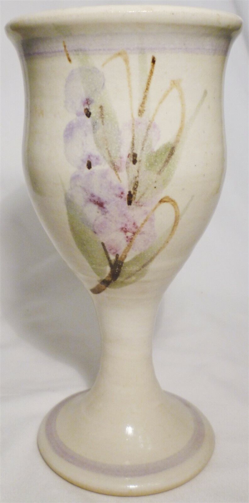 STUDIO ART POTTERY PEDESTAL STEMMED GOBLET CANDLE HOLDER BEIGE FLOWERS - $16.00