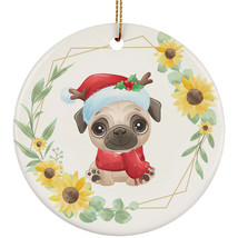 Cute Baby Pug Dog Ornament Sunflower Wreath Christmas Gift Pine Tree Decor - £11.82 GBP