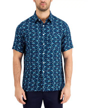 Tasso Elba Men&#39;s Silk Blend Cellula Tile Printed Shirt in Blue Combo-Small - $369.20 MXN