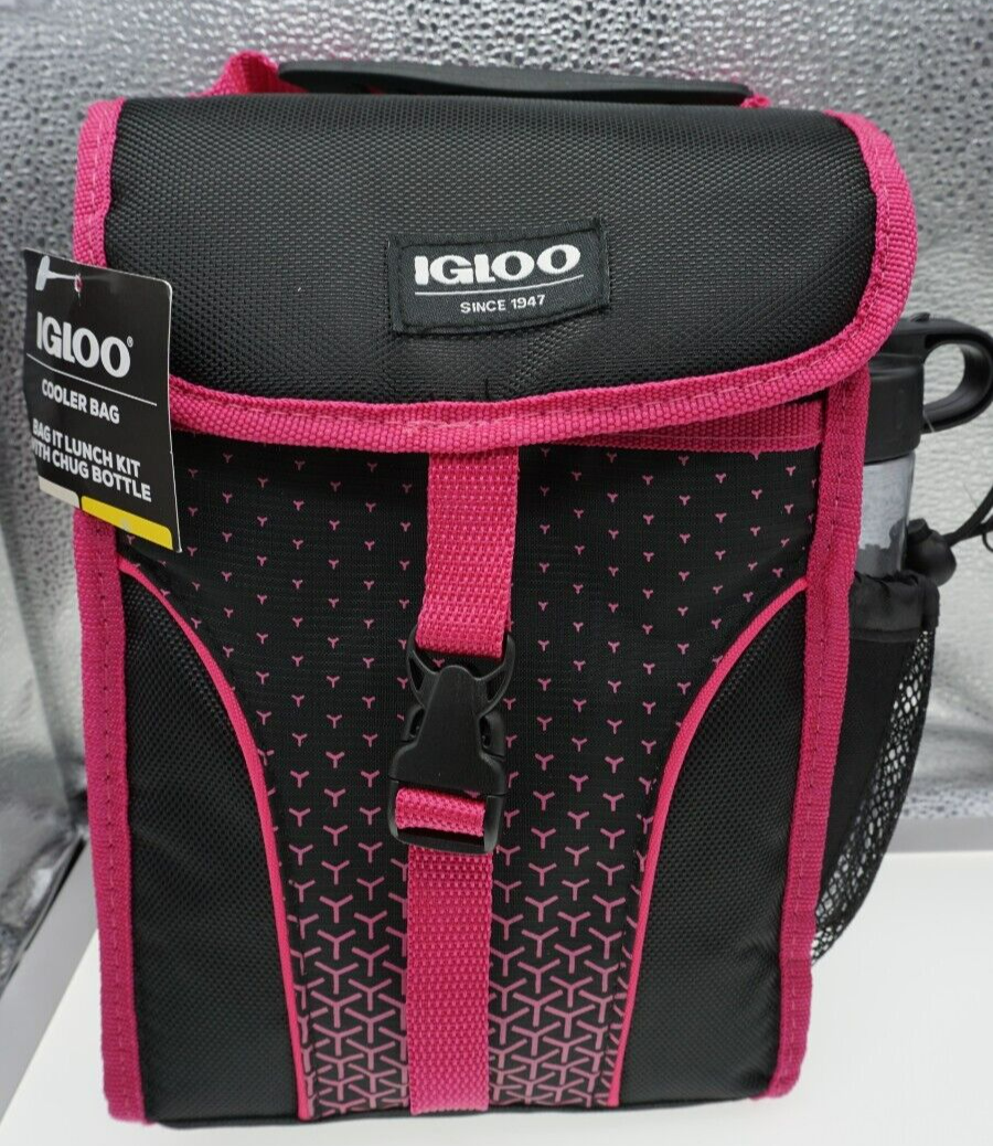 Primary image for Igloo Cooler Bag Lunch Kit With 16oz Chug Bottle Pink Black SnapHook Closure NWT