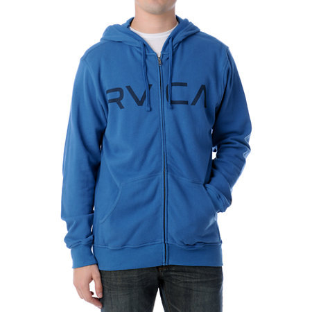 Primary image for RVCA MEN'S Guys fleece jacket HOODIE BLUE BIG LOGO  MENS ZIP UP NEW $65