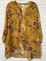Daniel Rainn DR2 Womens XL Popover Tunic Top Gold Floral Roll Tab Sleeves V Neck - £19.77 GBP