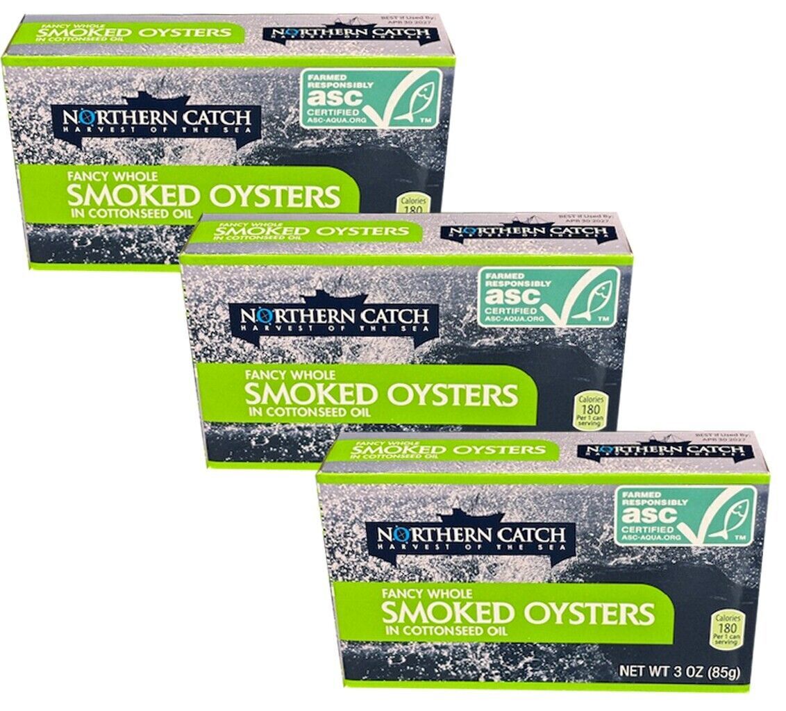3 Packs Fancy Whole Smoked Oysters in Pure Olive Oil, 3 Oz Northern Catch - $15.43
