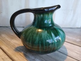  Blue Mountain Pottery? Teal Drip Glaze Pitcher Vase With Handle - £6.99 GBP