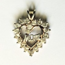Vintage 925 Sterling Silver MOM Heart Shape Small 7/8”L Pendant With Rhinestones - £7.41 GBP