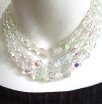 Vintage Prism Cut AB Austrian Crystal Three Strand Necklace 17&quot; Ornate Catch - $33.24