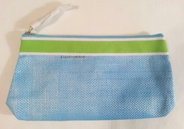 Lancôme Turquoise Blue Straw-like Texture Green Ribbon trim Cosmetic Makeup Bag - $6.47