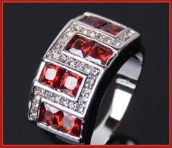 Ruby Red or Sapphire Blue Austrian Crystal and Zircon Mens 10kt W Gold Pl Ring 
