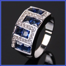 Ruby Red or Sapphire Blue Austrian Crystal and Zircon Mens 10kt W Gold Pl Ring  image 2