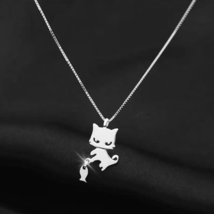 Exquisite Sterling Silver Plated Cat &amp; Fish Necklace - £8.70 GBP