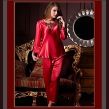 Long Sleeve Red or Pink Charmuse Silk Satin PJ's 2 Peice Pants and Top Set 
