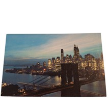 Postcard Nightfall In Lower Manhattan With Brooklyn Bridge New York City Chrome - £5.56 GBP