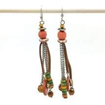 BOHO wood leather metal dangle earrings - multicolor bead bohemian 4&quot; long - £11.83 GBP