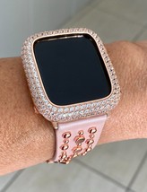 Reloj de Apple Bling Bisel Estuche &amp; Rosa Oro Rosa Pulsera de Cuero 45MM - £126.82 GBP