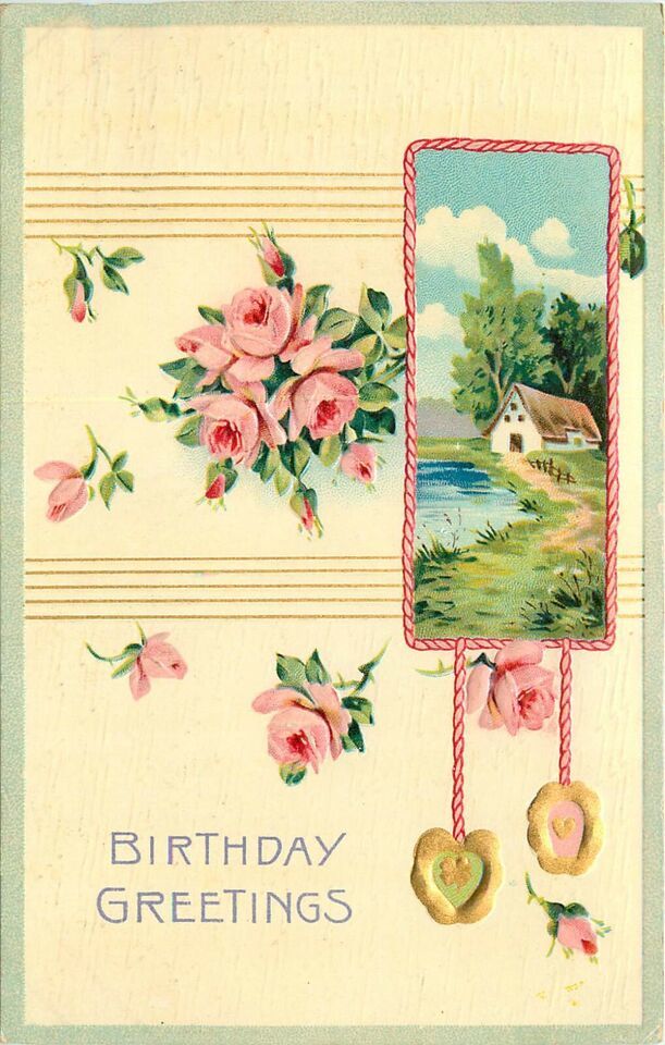 Embossed DB Postcard K038 Birthday Greeting Roses Vignette Cottage 1909 ... - $4.95