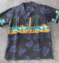 Favant Men&#39;s Medium Hawaiian Shirt Black Blue Palm Trees Surfboard Cotton - £9.42 GBP
