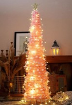 5 Ft Tinsel Christmas Tree with 50 LED Warm Lights Collapsible Pop Up Pink Snowf - £61.96 GBP