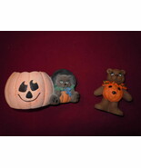 2 BISQUE HALLOWEEN Jack-o-lantern w/Cat Planter Candel Holder &amp; Pumpkin ... - £3.97 GBP