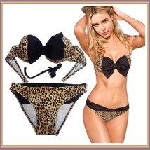 Sexy Big Black Bow Leopard Print Push Up Bandaux Bikini Swim Suit image 1