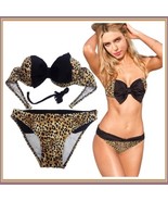 Sexy Big Black Bow Leopard Print Push Up Bandaux Bikini Swim Suit - £38.71 GBP