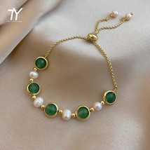 Neo Gothic Baroque Pearl Green Stone Round Bead Bracelet For Woman Fashion Korea - £14.22 GBP