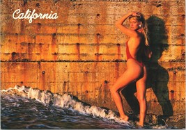 California Girl Against the wall Postcard Blonde Risque 90&#39;s 80&#39;s Pinup bikini  - £7.93 GBP