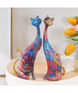 2Pc Colorful Cat Statue Home Office Decor Graffiti Resin Couple Animal S... - £27.29 GBP