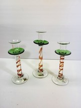 Cute Lot Of 3 Foreside HANDBLOWN Glass Swirling Red Green Candle Holder - £27.69 GBP