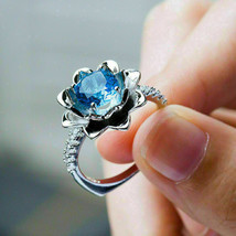 3Ct Round Cut Blue Topaz Diamond Solitaire Engagement Ring 14K White Gold Finish - £86.55 GBP