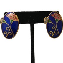 Cloisonne Earrings Pierced Floral Enameled Lily Gold Tone Large Oval Vin... - $13.36
