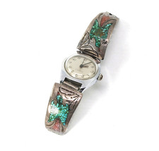 Navajo Silver Peote Bird Chip Inlay Watch Tips End Pieces Turquoise Cora... - $125.00
