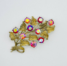 Vintage Coro Signed Brooch Red AB Rhinestones Gold Tone Flower Branches 2.5&quot; - £47.44 GBP