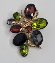 Elegant Rhinestone Large Green Amber Gold-tone Pin Brooch Vintage - £19.31 GBP