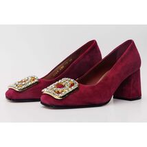 The California Burgundy Suede Leather Block Heel Pump Women Shoe image 2