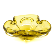 Large Candy Dish Bowl Yellow Amber Art Glass Folded Edge Heavy Vintage 9x9x3.75&quot; - £38.36 GBP