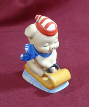 Pig On Tobaggan Toboggan Ceramic Figurine Winter Christmas Sports  - $6.99