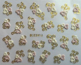 Nail Art 3D Decal Stickers White &amp; Pink Hearts Gold Accents BLE341J - £2.54 GBP
