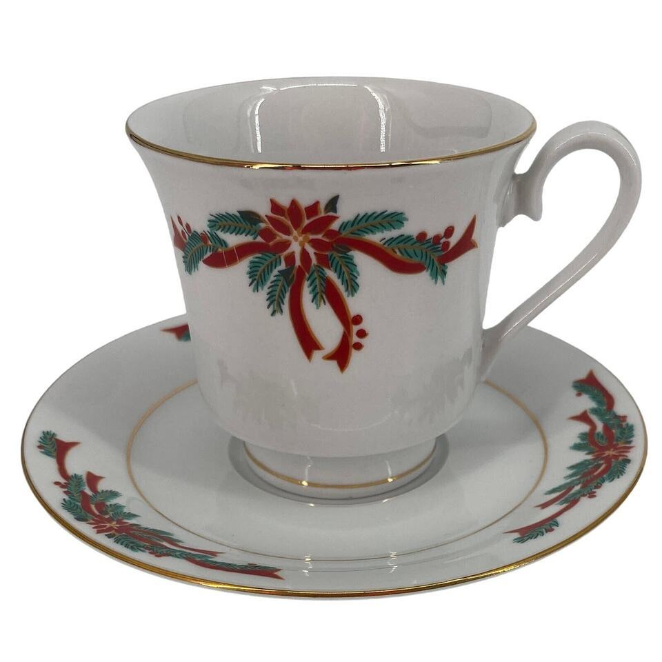Tienshan Fairfield Poinsettia &amp; Ribbons Christmas Holiday Cup Saucer Cof... - $3.79