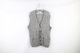 Vtg 70s Streetwear Mens Large Distressed Chunky Cable Knit Cardigan Sweater Vest - £38.72 GBP