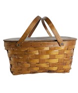 Rustic Mid-Century Double Handle Wooden Wicker Picnic Basket Farmhouse P... - $643.76 MXN