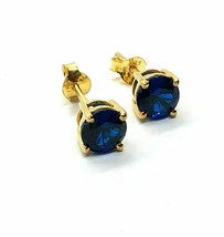 14K Yellow Gold Plated 2.Ct Blue Simulated Sapphire Solitaire Stud Earrings - £76.03 GBP