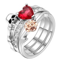 Gothic Skull Engagement Ring For Women Red Heart Sapphire Rose Flower Skull Ring - £110.99 GBP